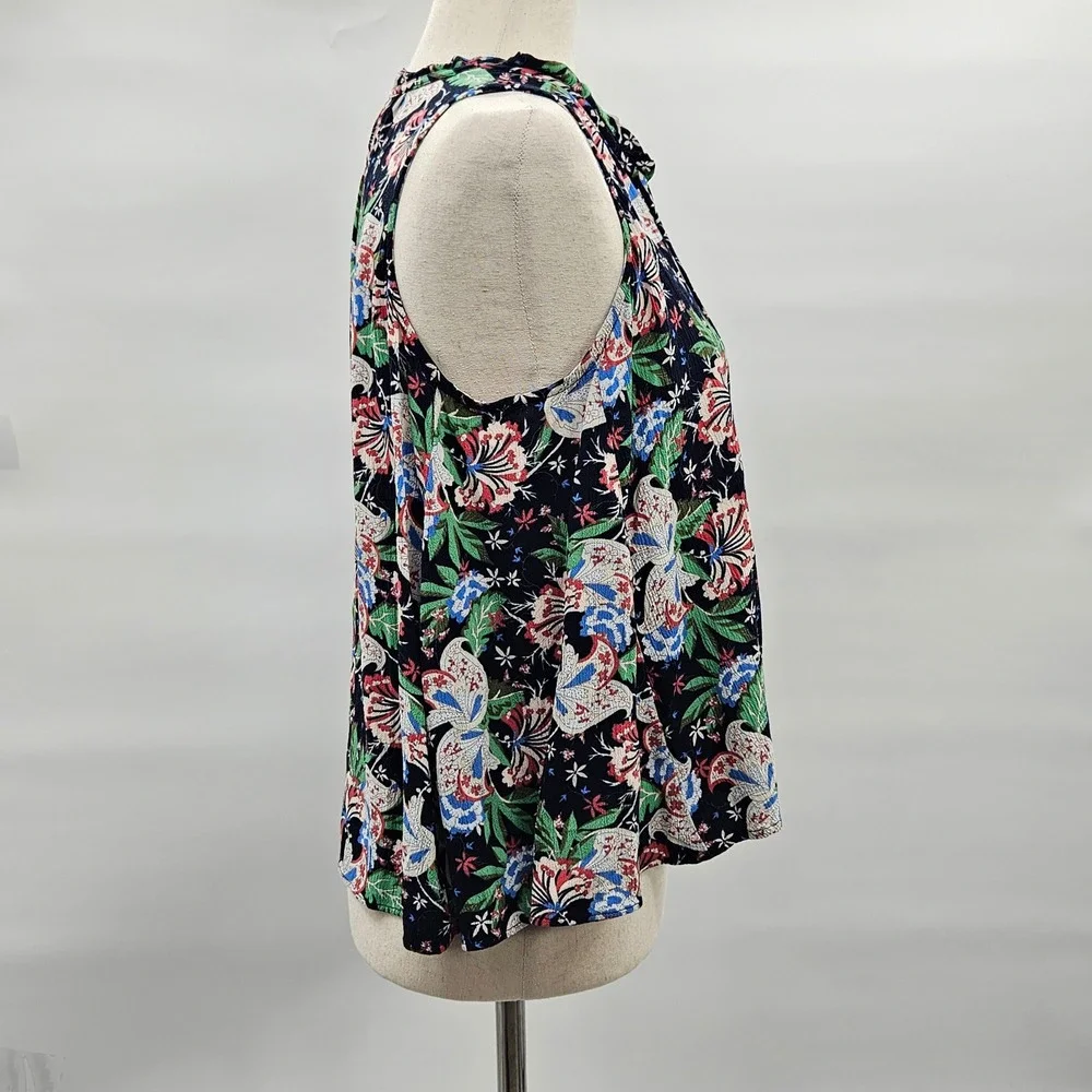J.Crew Womens XS Navy Blue‎ Floral Viscose Sleeveless Tie Neck Blouse Top